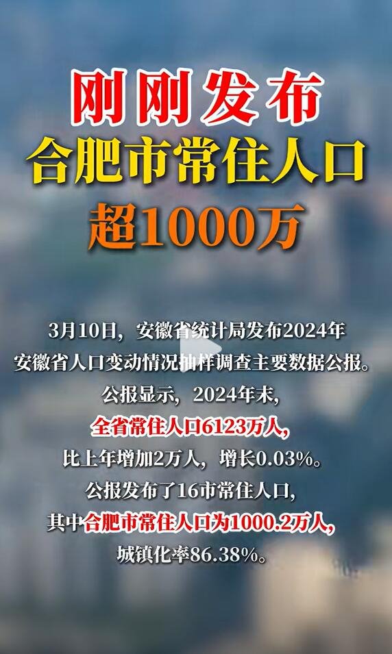 又一个千万人口大市诞生了：合肥常住人口突破1000万 中国第18座图片